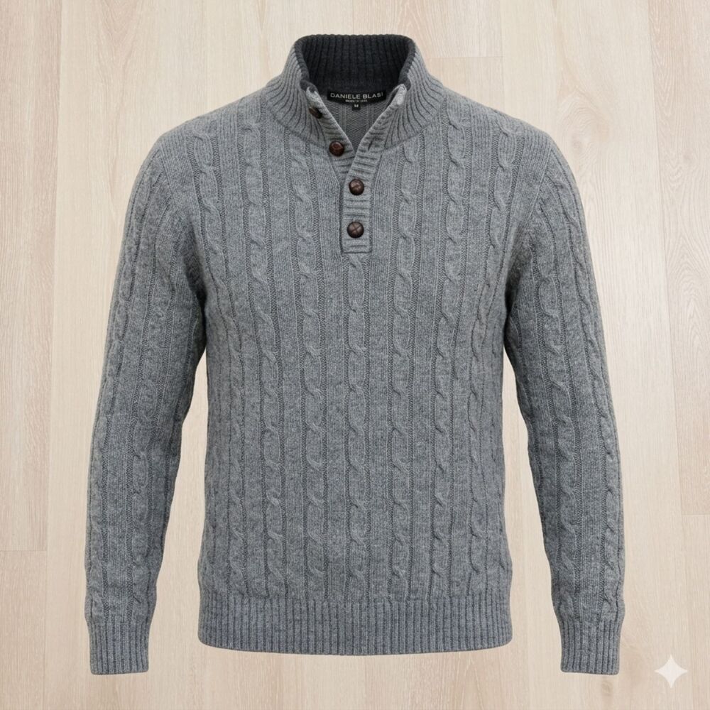 Daniele Blasi Italy Men’s Gray Fisherman Cable Knit Button Mock Neck Sweater M